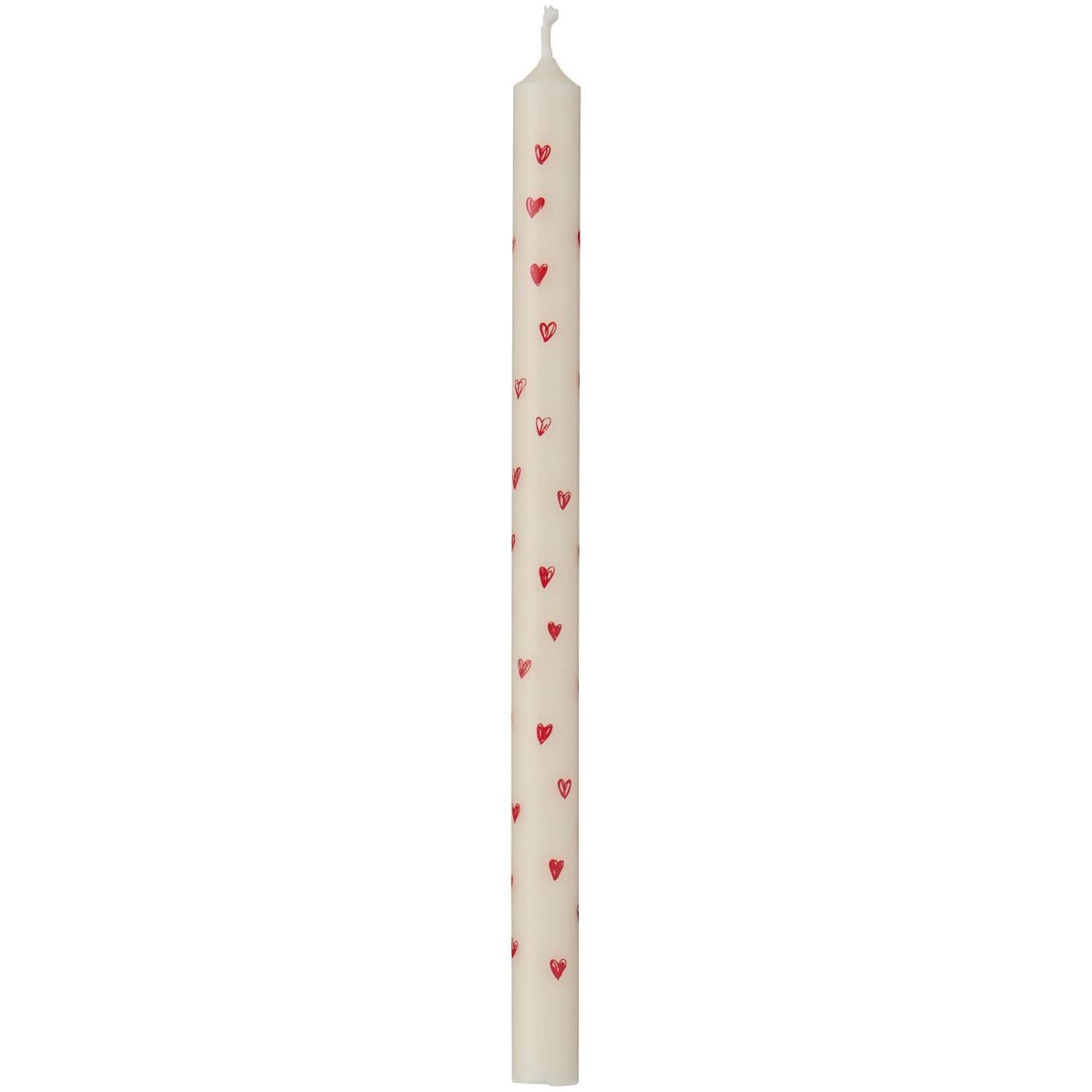 Kerze/ dünne hohe Kerze mit roten Herzen H: 20cm. D: 1,3cm.