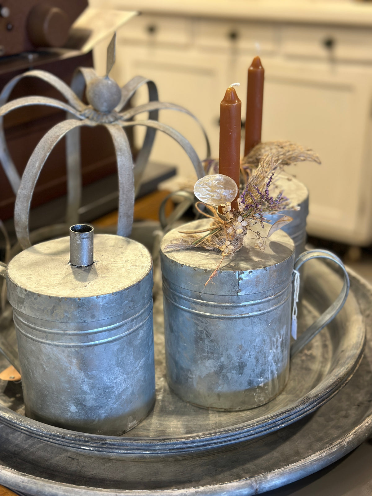 Dose mit Deckel /Kerzenhalter mit Kerze und Trockenblumen Deko