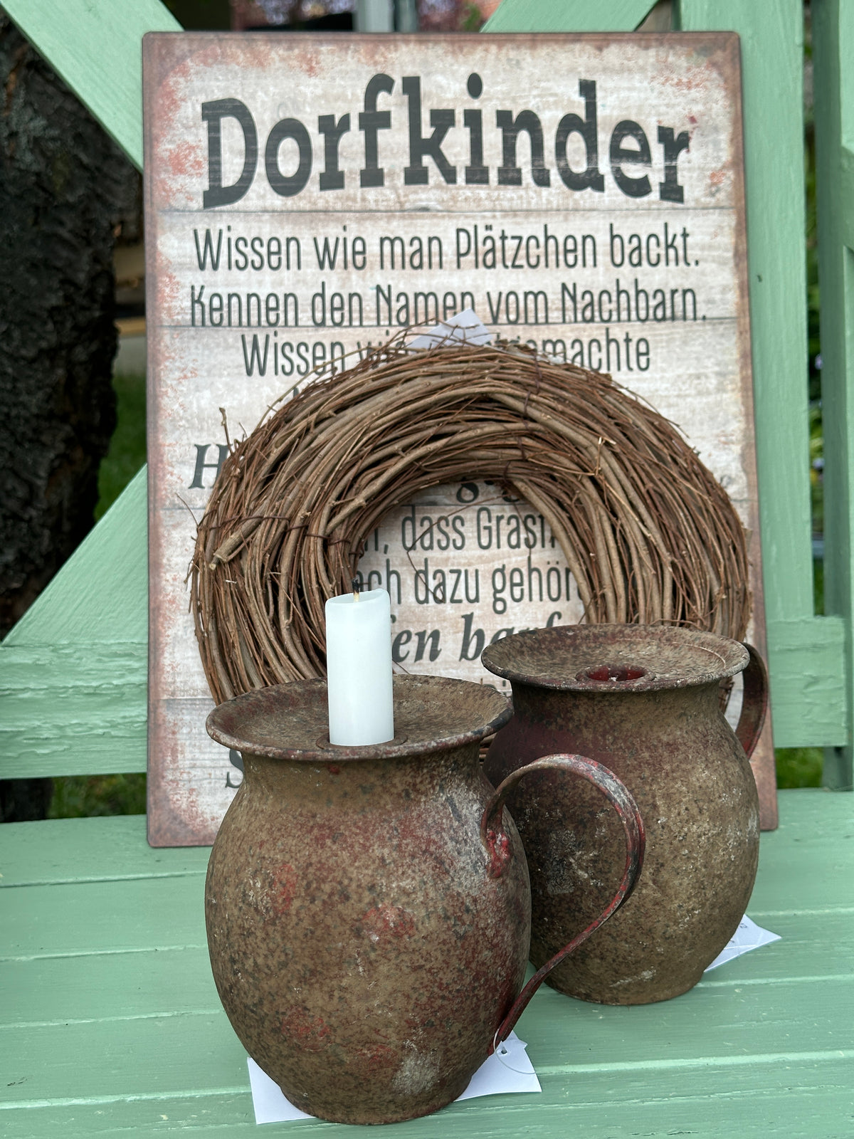 Kerzenhalter/ Krug aus Metall/ Rost mit Kerze und Deko