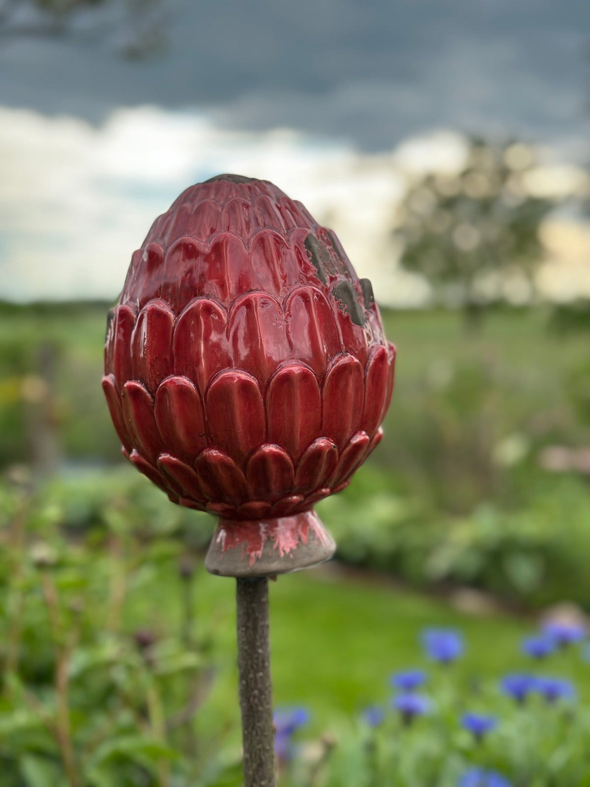 Deko Zapfen, Garten Kugel Steingut, Zapfen rot (sehr Shabby)