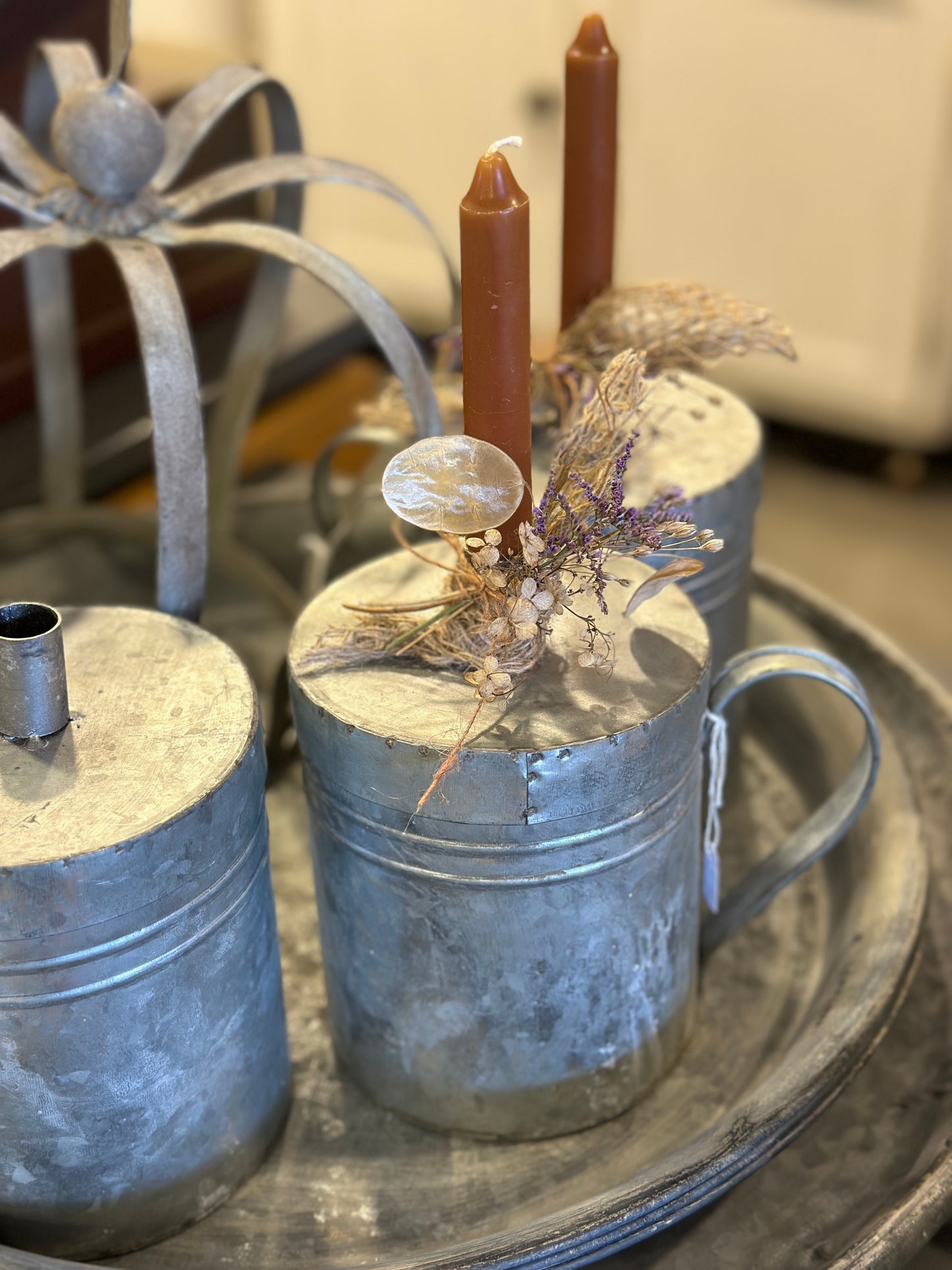Dose mit Deckel /Kerzenhalter mit Kerze und Trockenblumen Deko