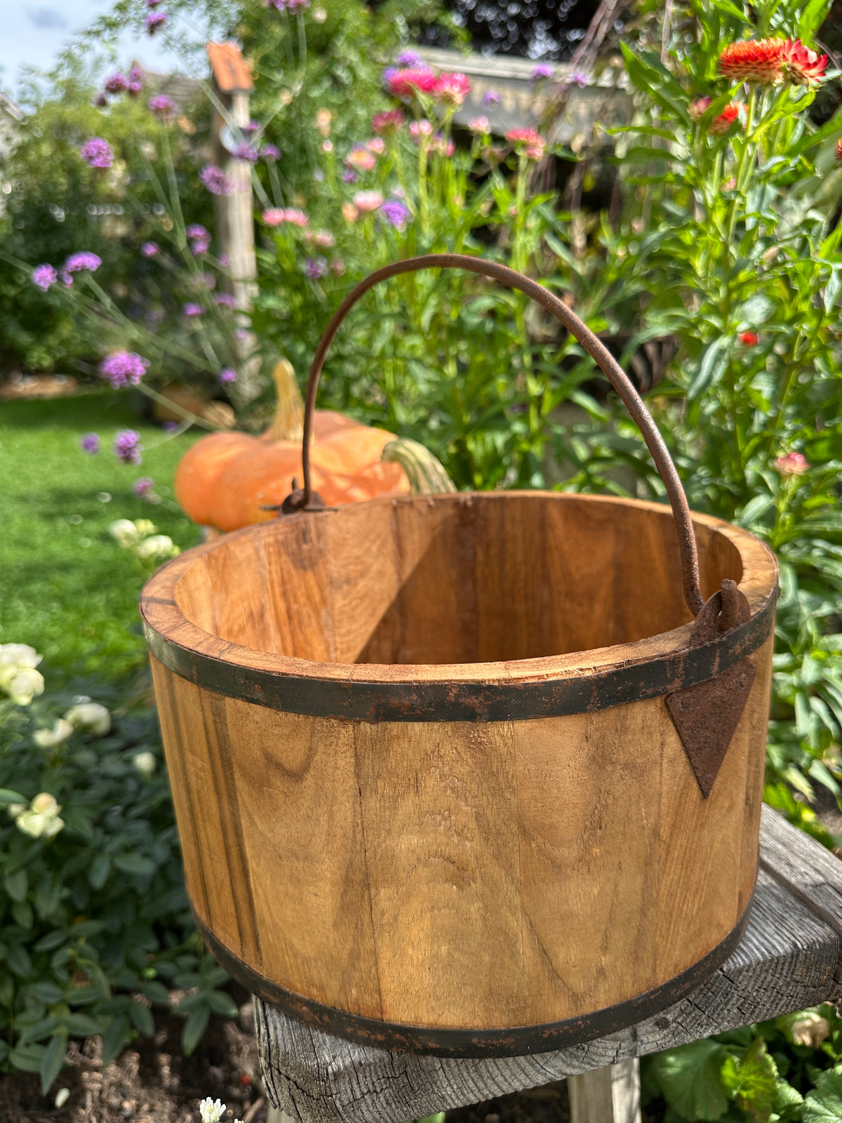 Aufbewahrung Holz Eimer/ Schale mit einem Metall Griff und Eisenrahmen. Mangoholz