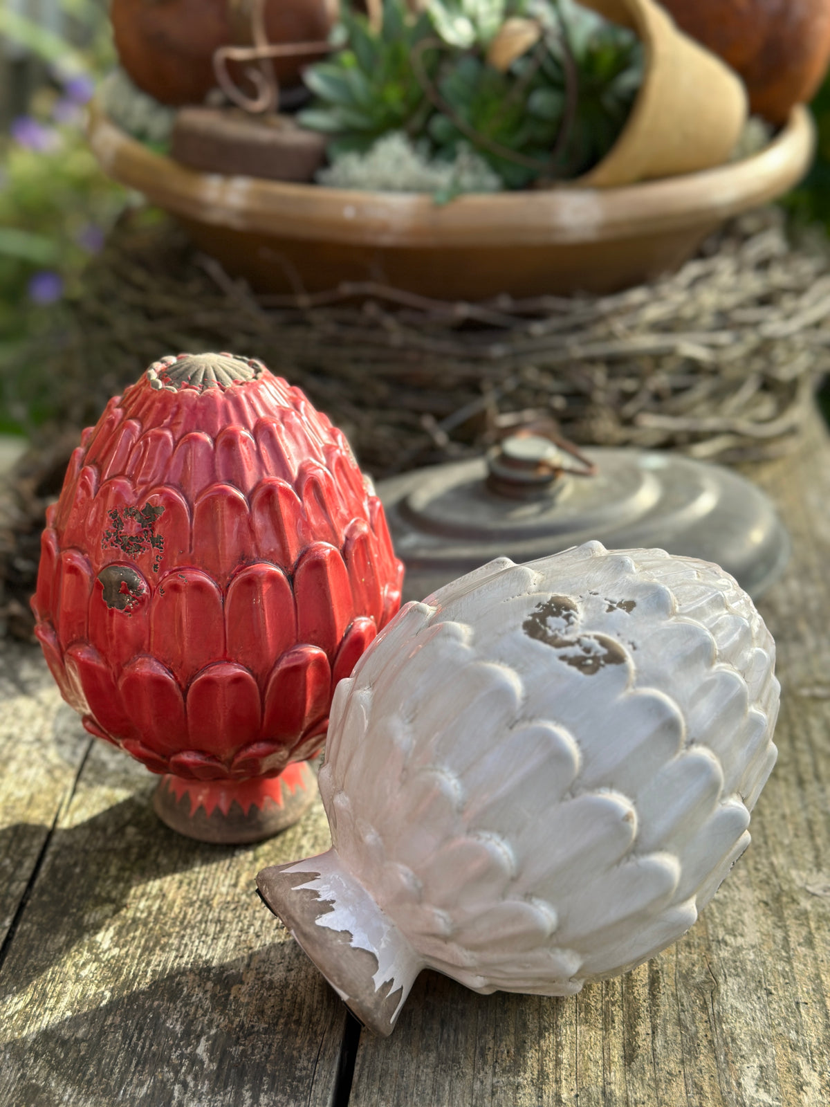 Deko Zapfen, Garten Kugel Steingut, Zapfen rot (sehr Shabby)