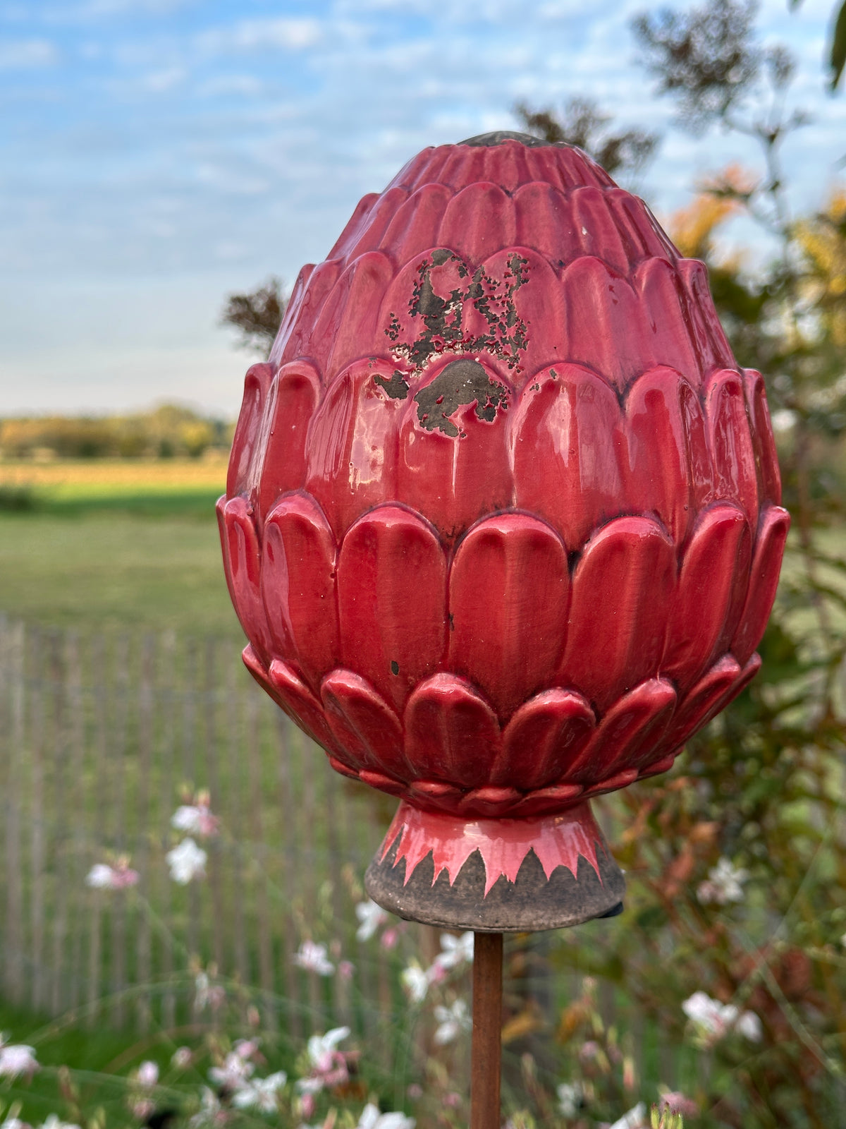 Deko Zapfen, Garten Kugel Steingut, Zapfen rot (sehr Shabby)