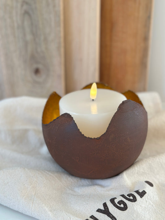 Windlicht aus Metall, Rost Optik, innen Gold farbig