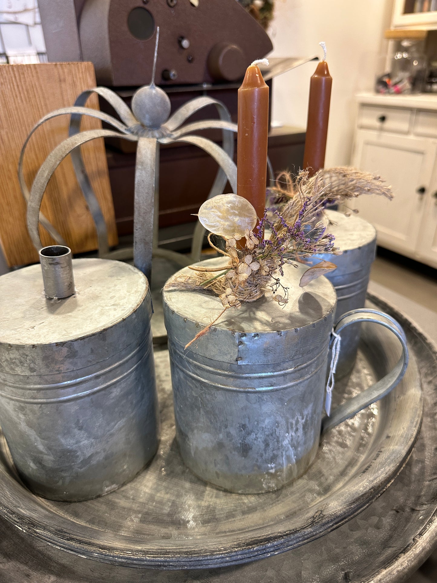 Dose mit Deckel /Kerzenhalter mit Kerze und Trockenblumen Deko