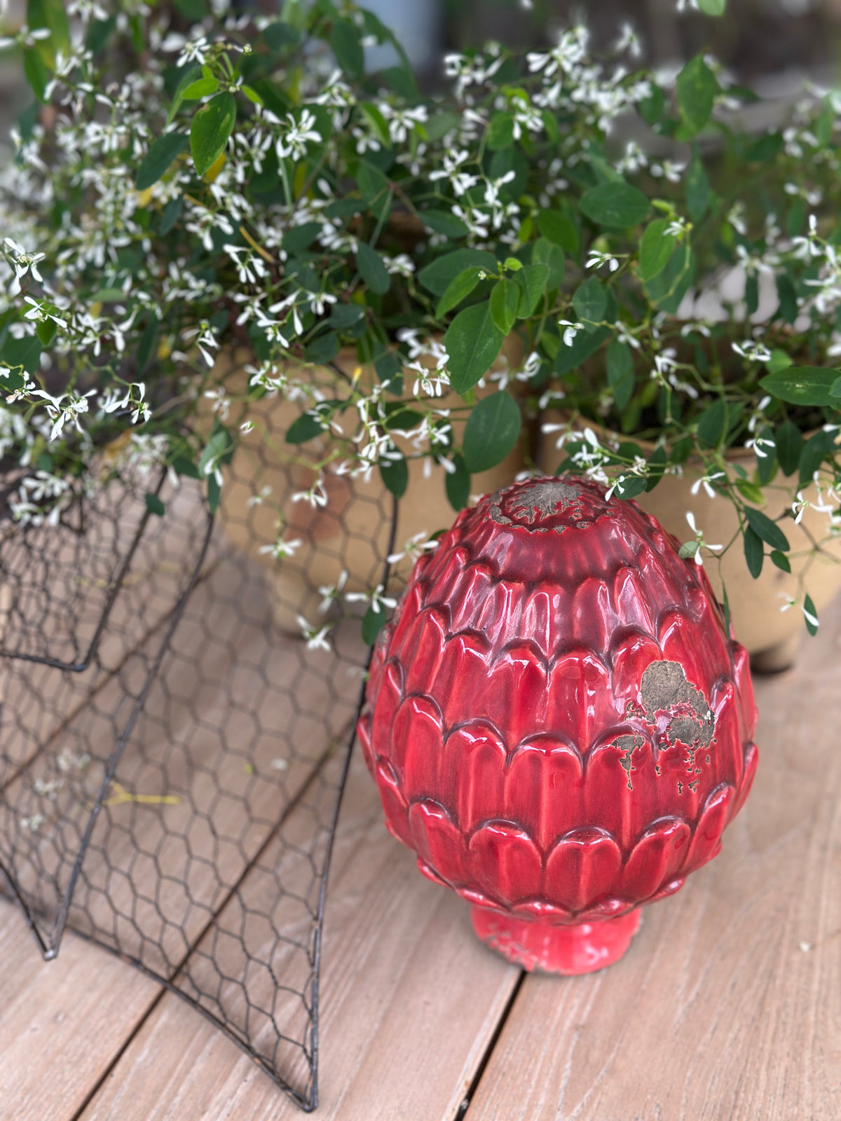 Deko Zapfen, Garten Kugel Steingut, Zapfen rot (sehr Shabby)