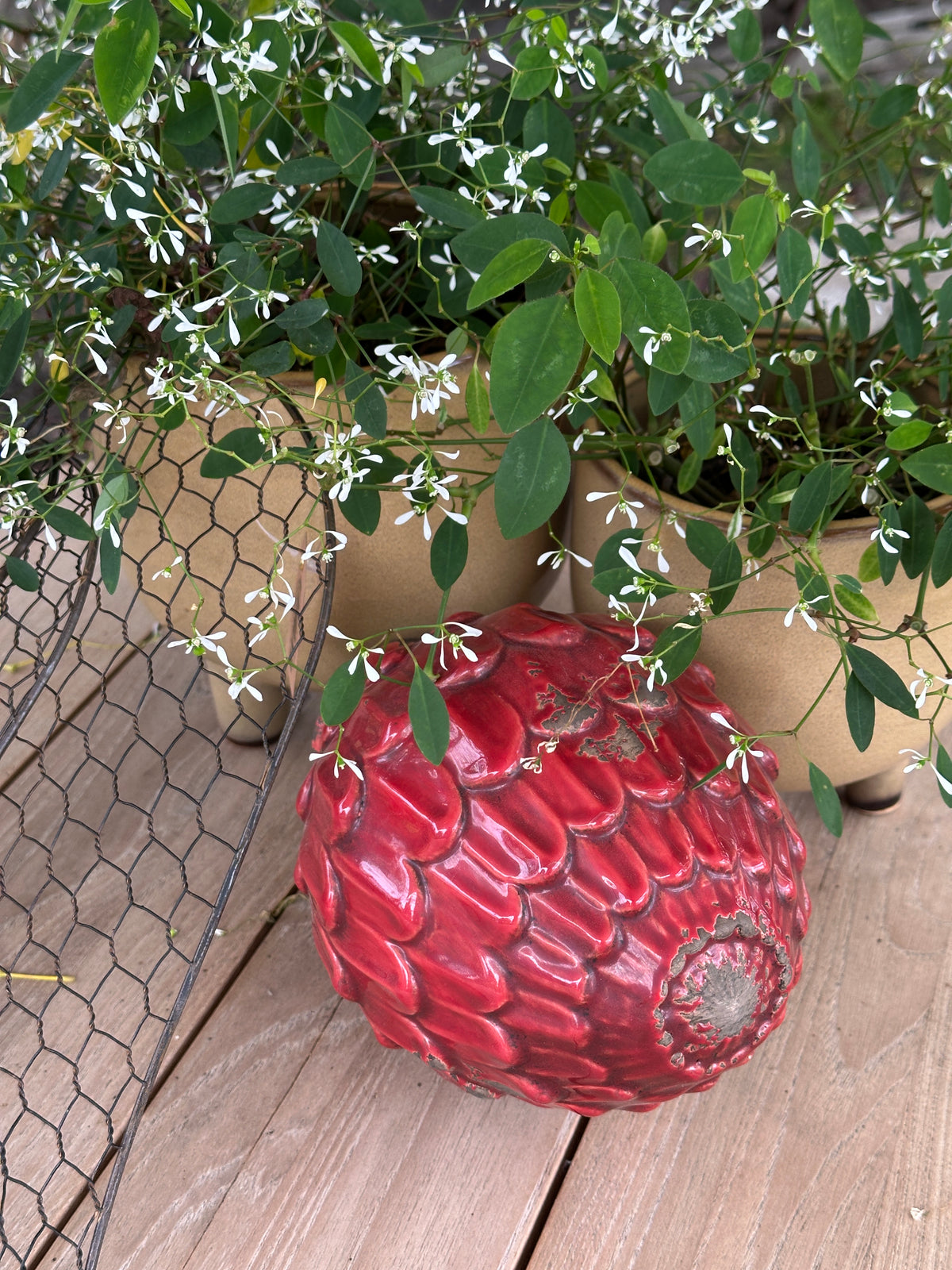 Deko Zapfen, Garten Kugel Steingut, Zapfen rot (sehr Shabby)