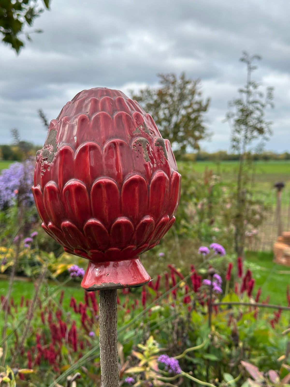Deko Zapfen, Garten Kugel Steingut, Zapfen rot (sehr Shabby)